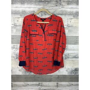 Style & Co Women's Petite Large Long Sleeve V Neck Blouse With Dragon Flies